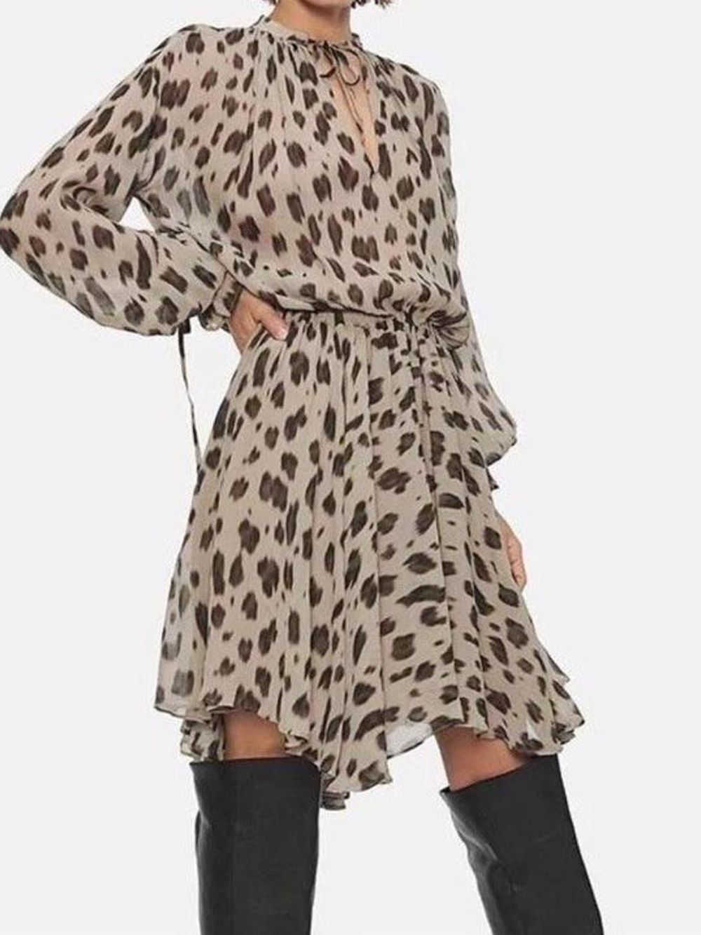 AB Studio Taupe and Brown Leopard-Print Long Sleeve Dress